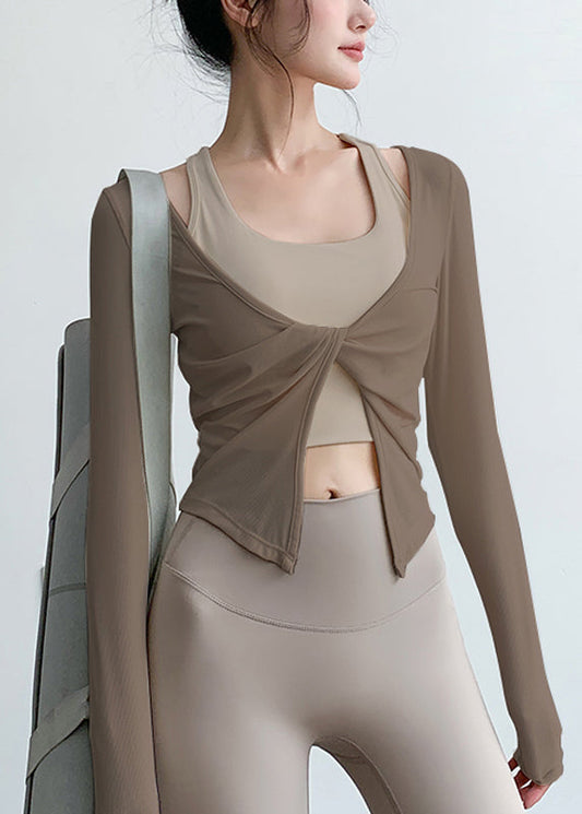 Art Beige V Neck Wrinkled Yoga Tops Spring