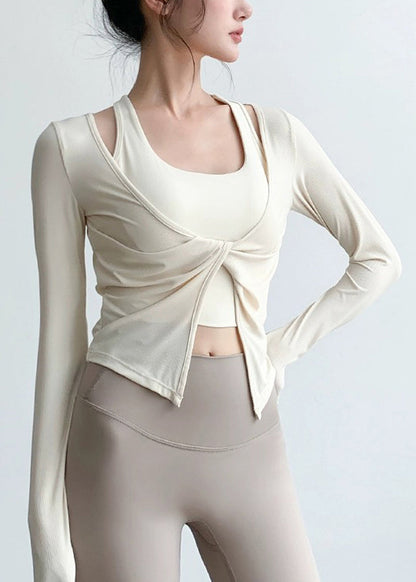Art Beige V Neck Wrinkled Yoga Tops Spring