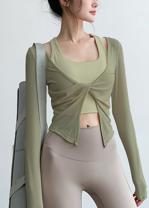 Art Beige V Neck Wrinkled Yoga Tops Spring