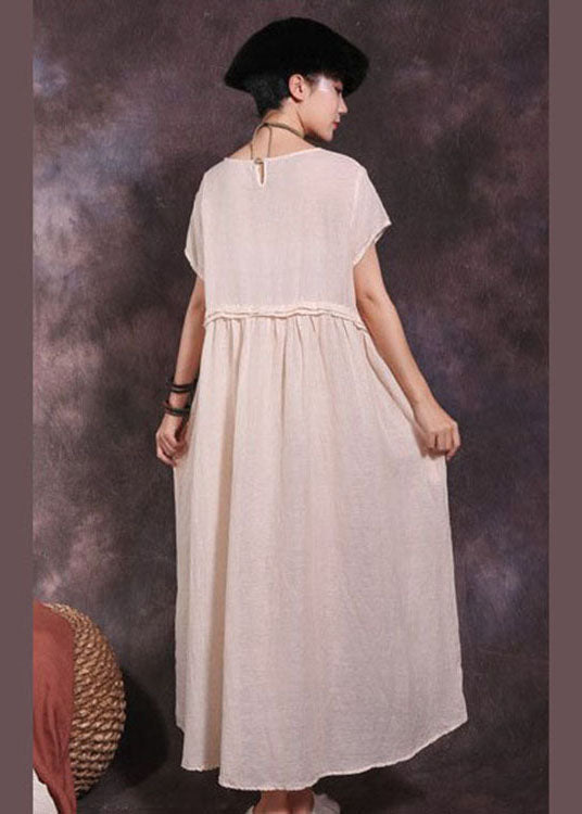 Art Beige knitteriges Patchwork Baumwolle Langes Kleid Kurzarm