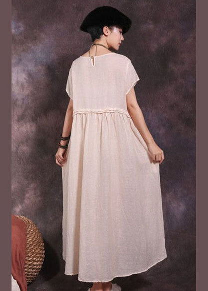 Art Beige knitteriges Patchwork Baumwolle Langes Kleid Kurzarm