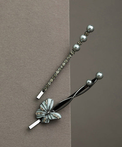 Art Black Alloy Zircon Pearl Butterfly Hairpin Two Piece Set