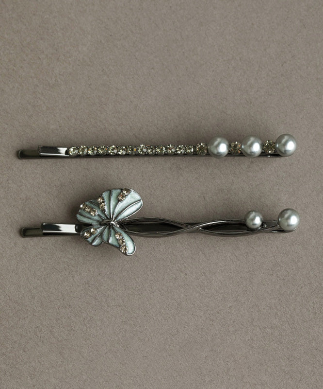 Art Black Alloy Zircon Pearl Butterfly Hairpin Two Piece Set