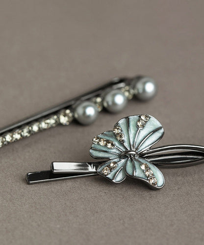 Art Black Alloy Zircon Pearl Butterfly Hairpin Two Piece Set
