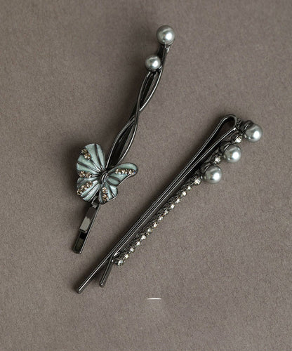 Art Black Alloy Zircon Pearl Butterfly Hairpin Two Piece Set