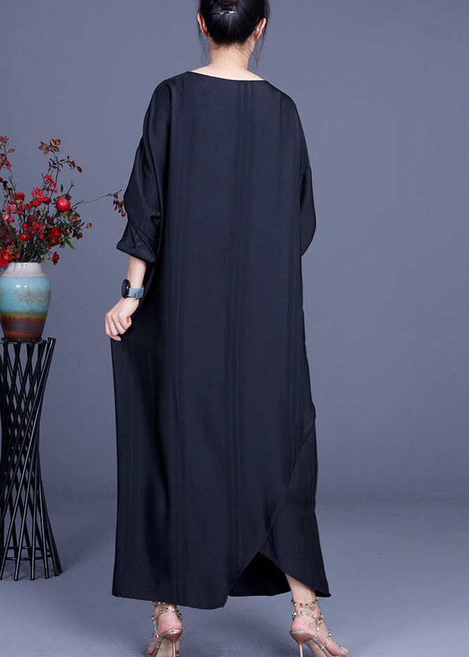 Art Schwarzes asymmetrisches Schmetterlings-Partykleid aus Seide mit halben Ärmeln