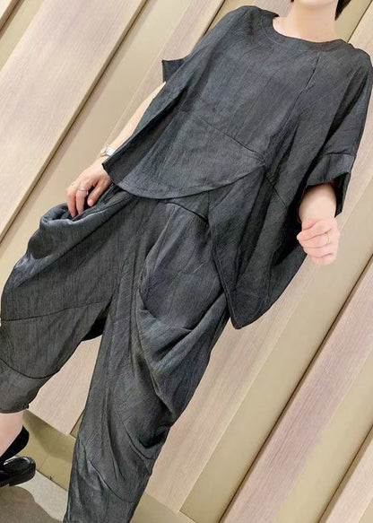 Art Black Asymmetrical Wrinkled Loose Two Pieces Set Summer