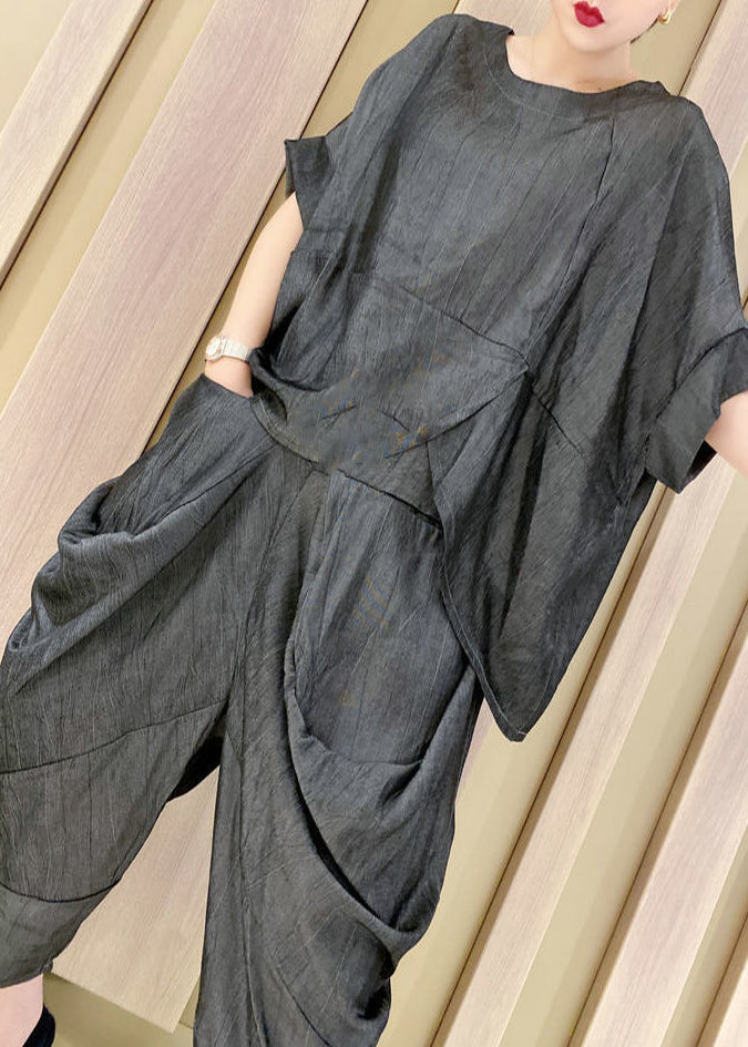 Art Black Asymmetrical Wrinkled Loose Two Pieces Set Summer