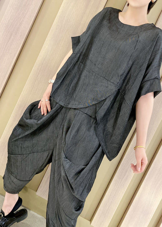 Art Black Asymmetrical Wrinkled Loose Two Pieces Set Summer