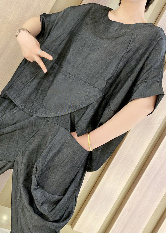 Art Black Asymmetrical Wrinkled Loose Two Pieces Set Summer