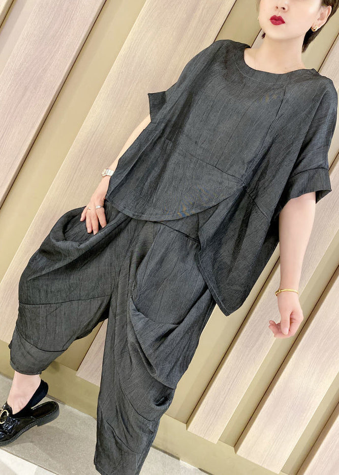 Art Black Asymmetrical Wrinkled Loose Two Pieces Set Summer