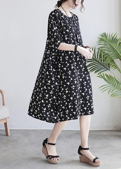 Art Black Butterfly Print Loose Spring Cotton Dress - SooLinen