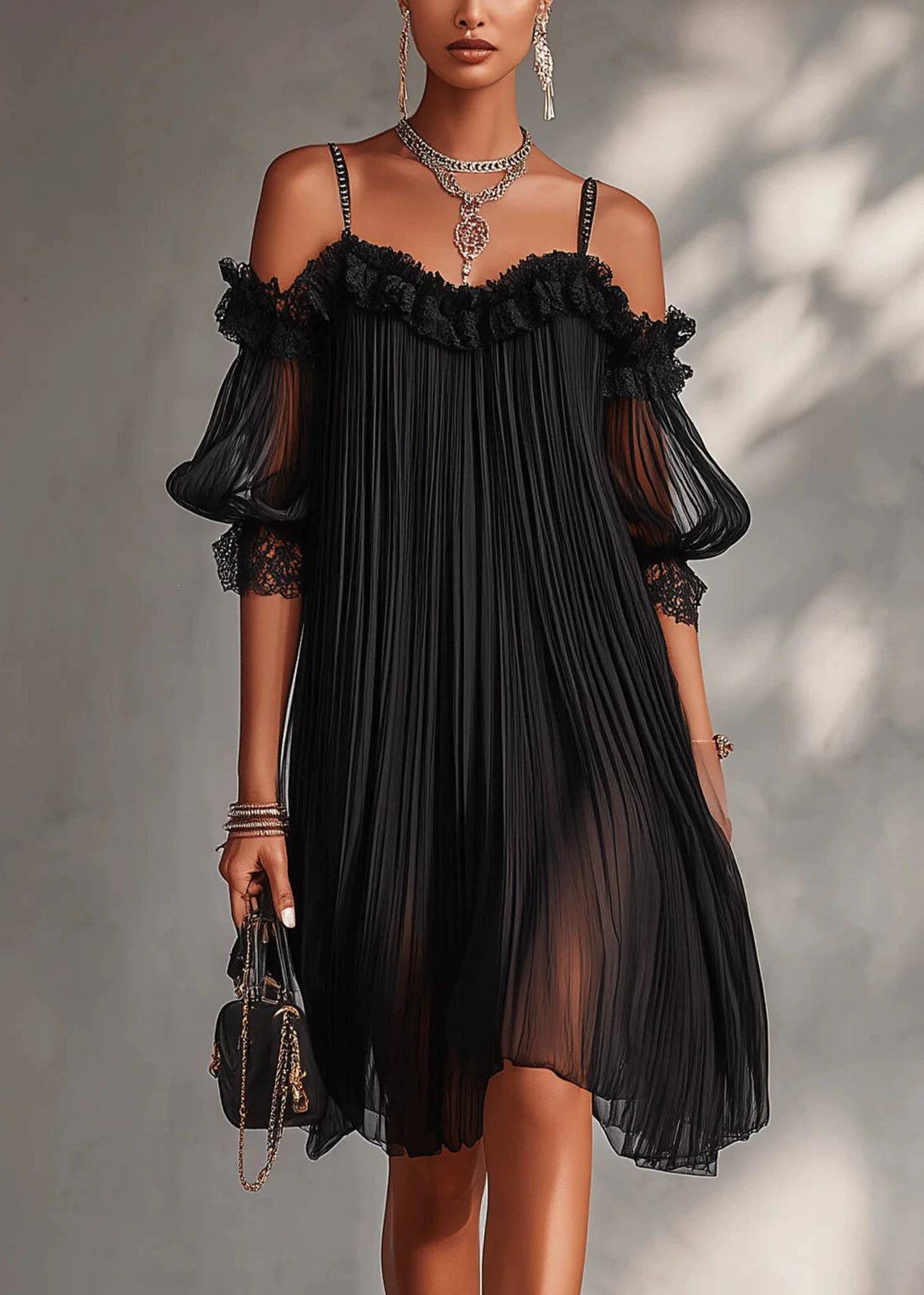 Art Black Cold Shoulder Wrinkled Chiffon Vacation Dress Summer