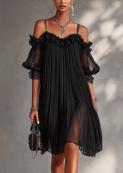 Art Black Cold Shoulder Wrinkled Chiffon Vacation Dress Summer