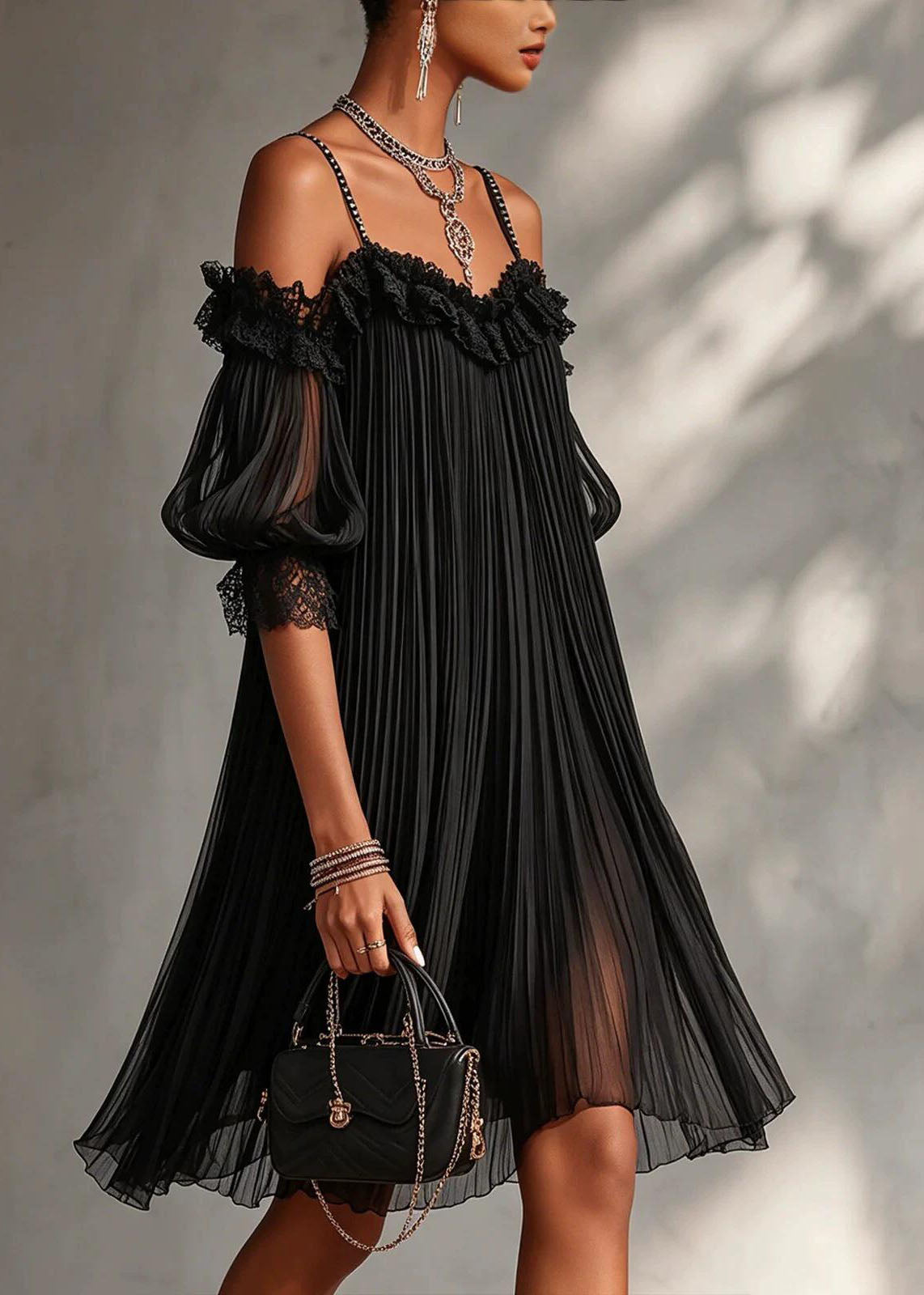 Art Black Cold Shoulder Wrinkled Chiffon Vacation Dress Summer