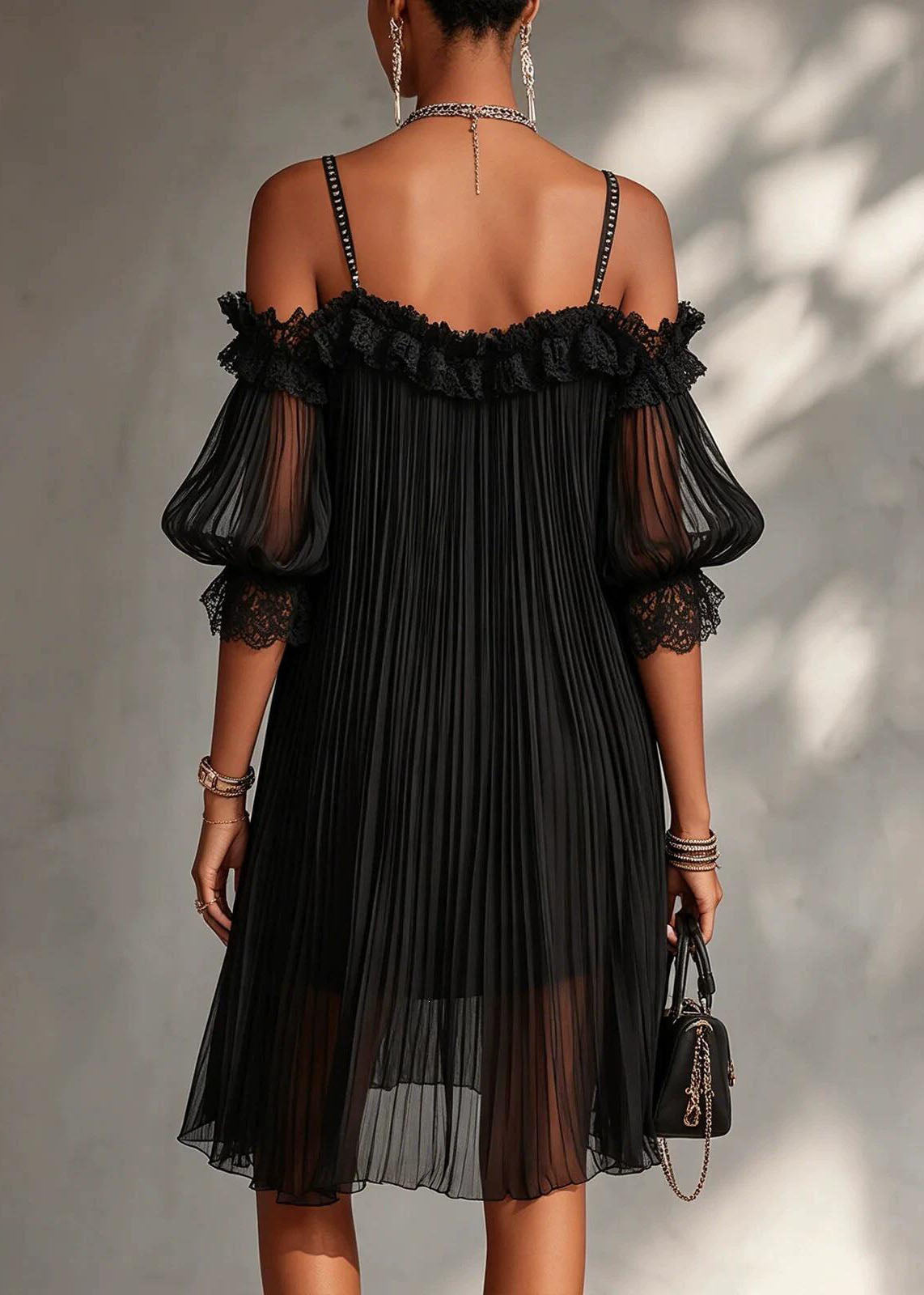 Art Black Cold Shoulder Wrinkled Chiffon Vacation Dress Summer