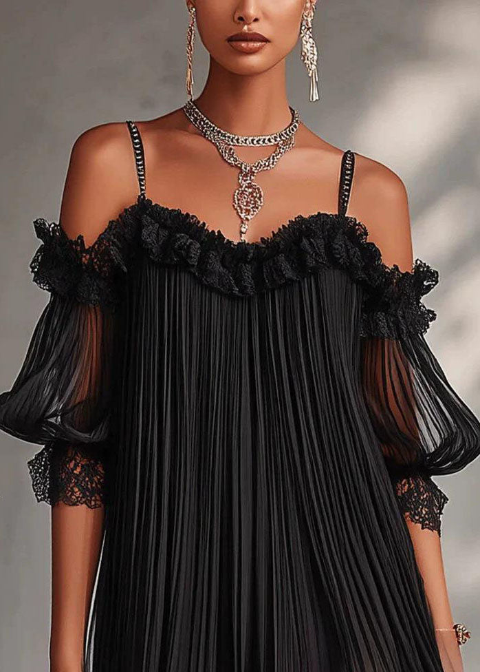 Art Black Cold Shoulder Wrinkled Chiffon Vacation Dress Summer
