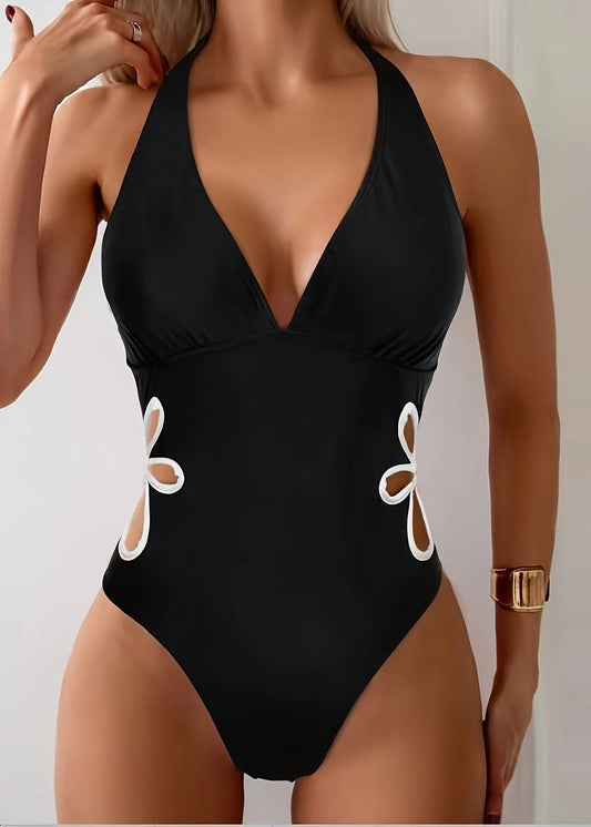 Art Black Cut Out Halter Swimwear Bodysuit