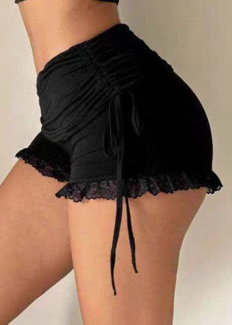 Art Black Drawstring Patchwork Lace Cotton Hot Pants Summer