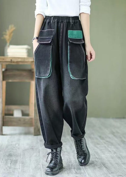 Art Black Elastic Waist Patchwork Pockets Denim Harem Pants Spring