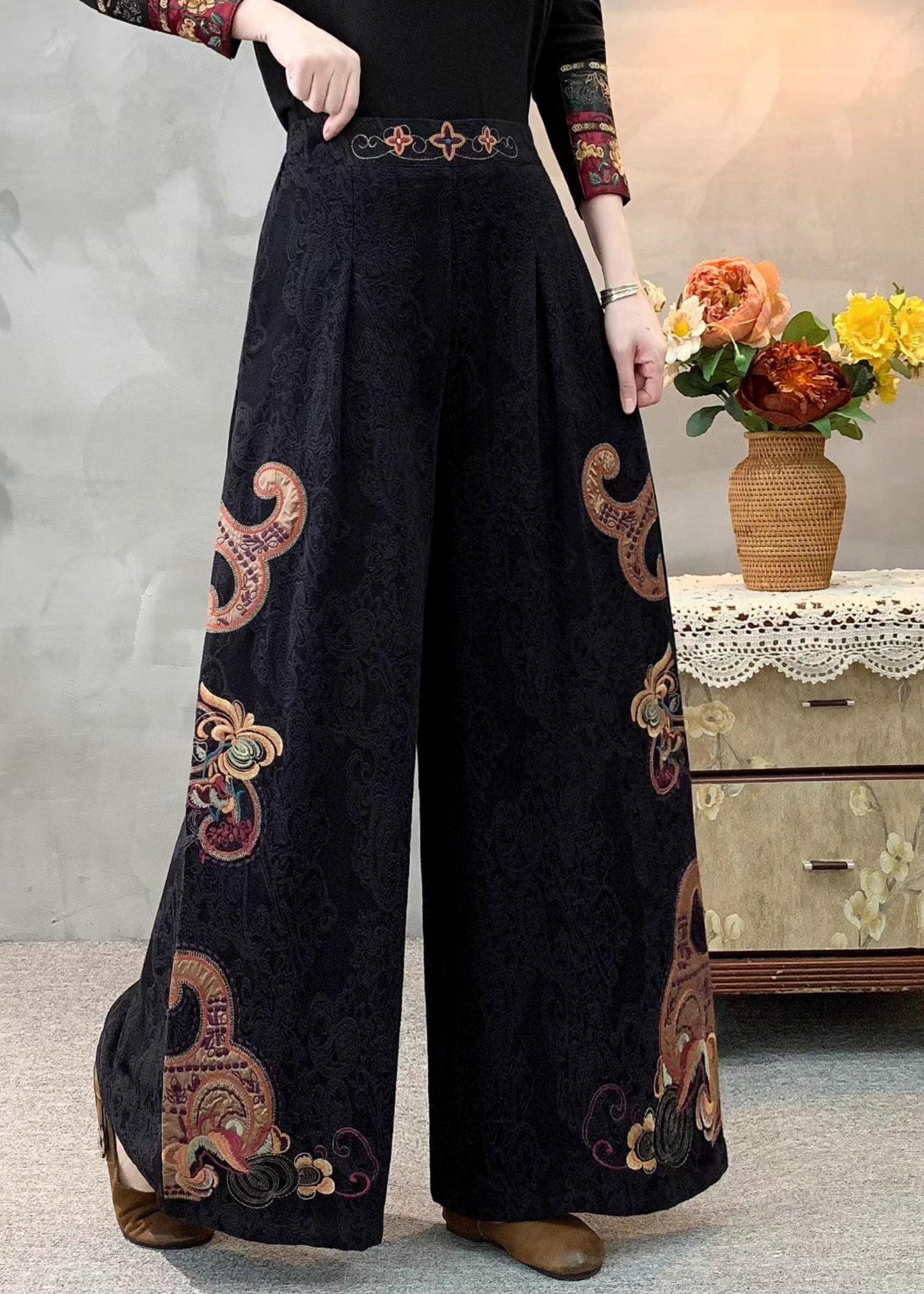 Art Black Embroidered Linen Pants Trousers Spring