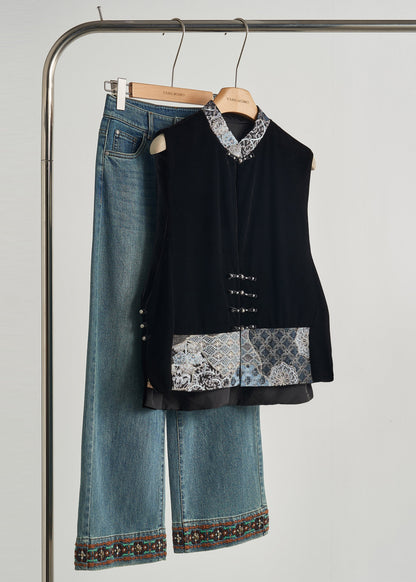 Art Black Embroidered Patchwork Silk Velvet Oriental Vests Fall