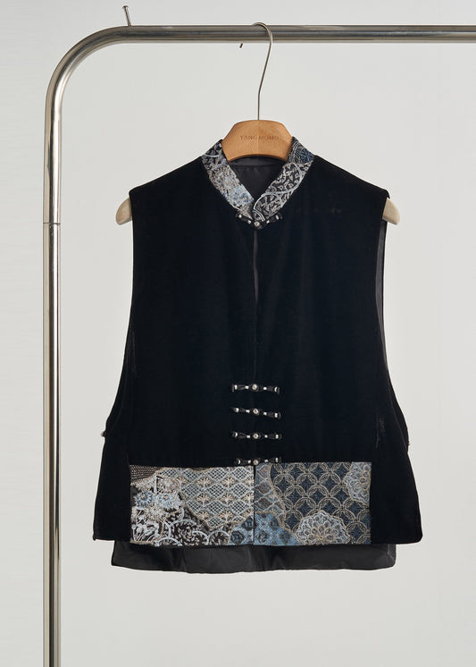 Art Black Embroidered Patchwork Silk Velvet Oriental Vests Fall