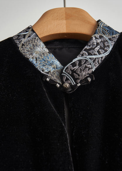 Art Black Embroidered Patchwork Silk Velvet Oriental Vests Fall