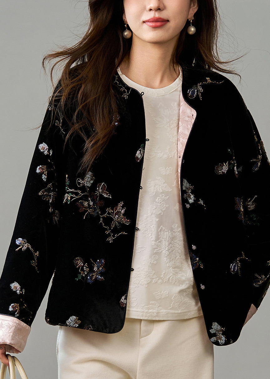 Art Black Embroidered Sequins Fine Cotton Filled Silk Velvet Jacket Winter