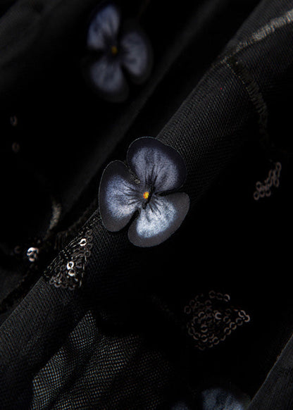 Kunst Schwarz Bestickt Blumen Hohe Taille Tüll Faltenröcke Frühling