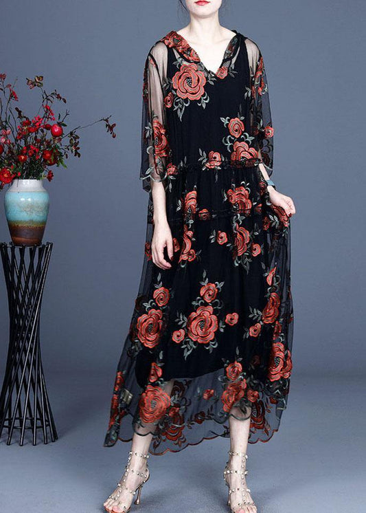 Art Black Embroideried Tulle hooded Two Pieces Set - SooLinen