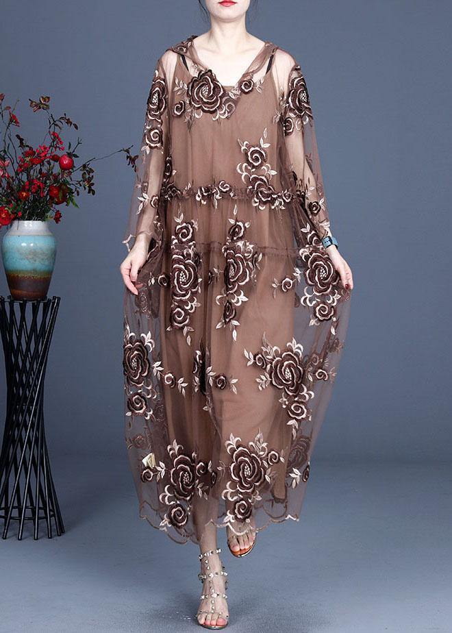 Art Black Embroideried Tulle hooded Two Pieces Set - SooLinen