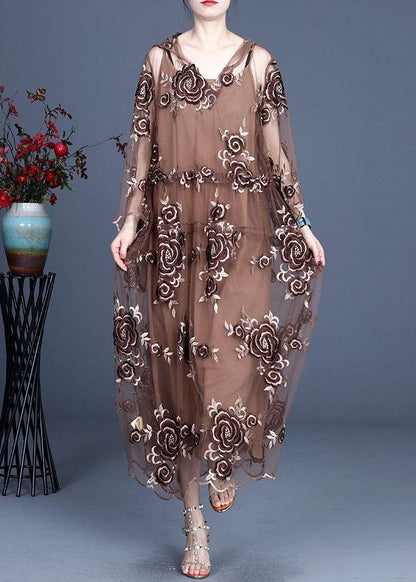 Art Black Embroideried Tulle hooded Two Pieces Set - SooLinen