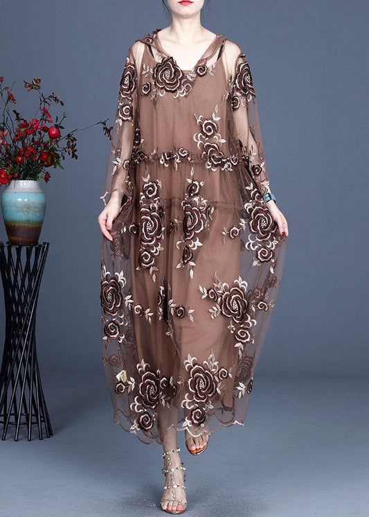 Art Black Embroideried Tulle hooded Two Pieces Set - SooLinen