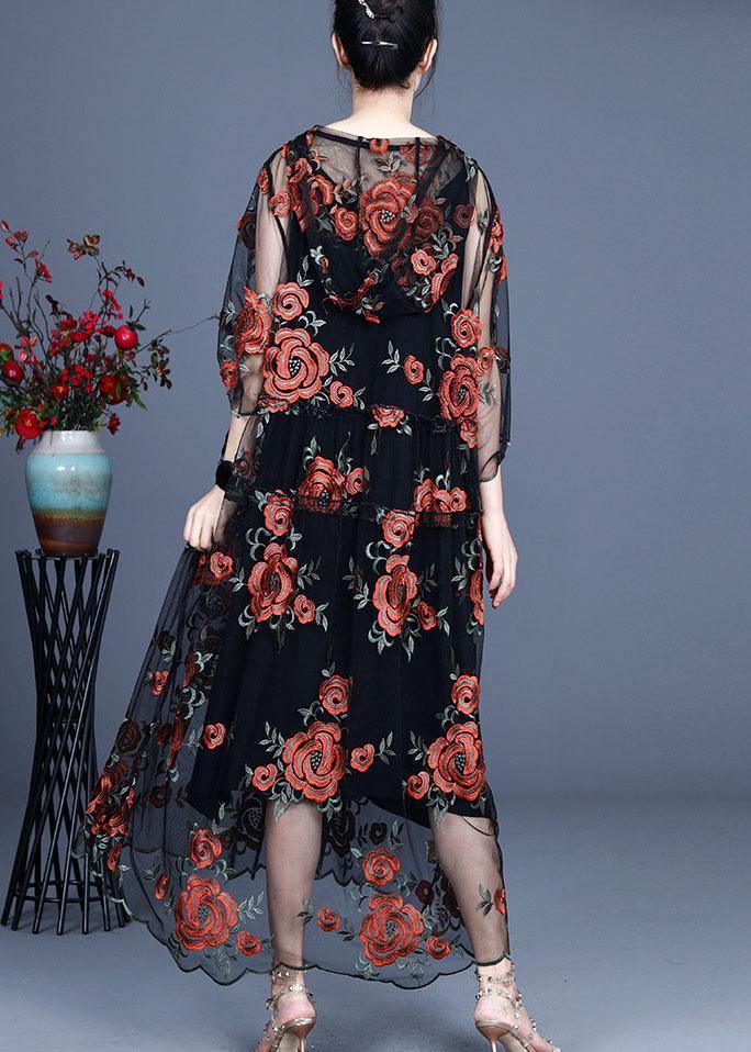 Art Black Embroideried Tulle hooded Two Pieces Set - SooLinen