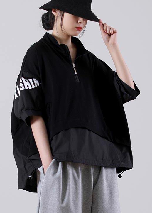 Art Black Graphic Patchwork Cotton Summer Blouse Top - SooLinen