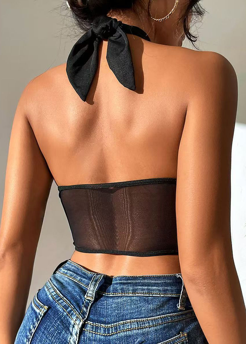 Art Black Halter Cut Out Patchwork Tulle Tops Summer