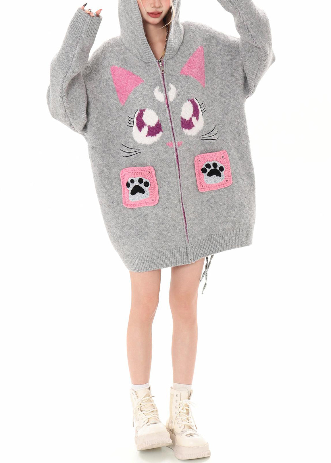 Schwarzer Kapuzenstrickcardigan mit Katzenstickerei, Winter