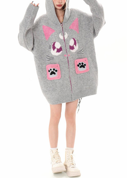 Schwarzer Kapuzenstrickcardigan mit Katzenstickerei, Winter