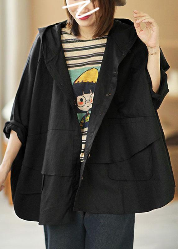 Art Black Loose Pockets Button Fall Hooded Coat Long sleeve - SooLinen