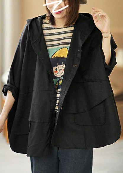 Art Black Loose Pockets Button Fall Hooded Coat Long sleeve - SooLinen