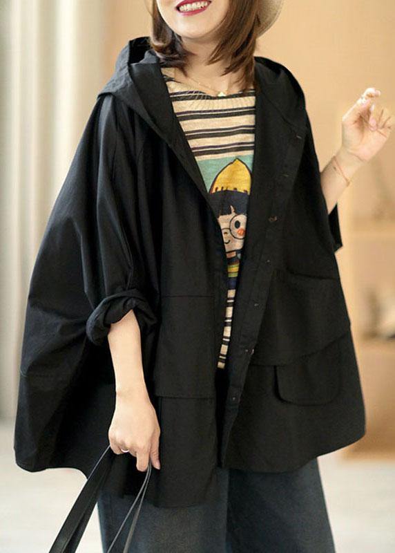 Art Black Loose Pockets Button Fall Hooded Coat Long sleeve - SooLinen