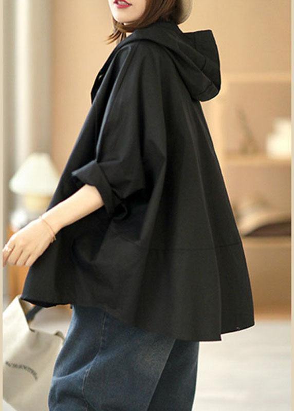 Art Black Loose Pockets Button Fall Hooded Coat Long sleeve - SooLinen