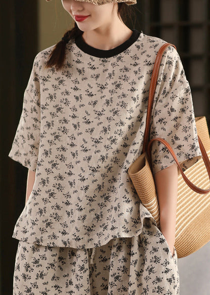 Art Black O Neck Print Linen T Shirts Summer