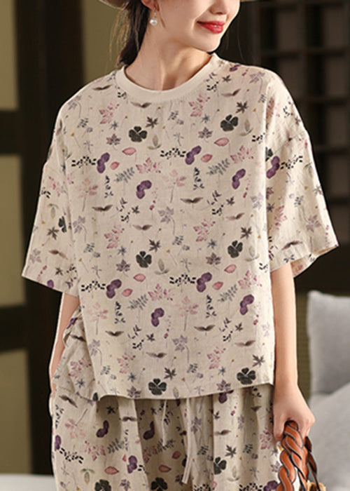 Art Black O Neck Print Linen T Shirts Summer