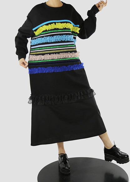 Kunst Schwarz O-Ausschnitt Rüschen Tüll Gestreiften Patchwork lange Kleider