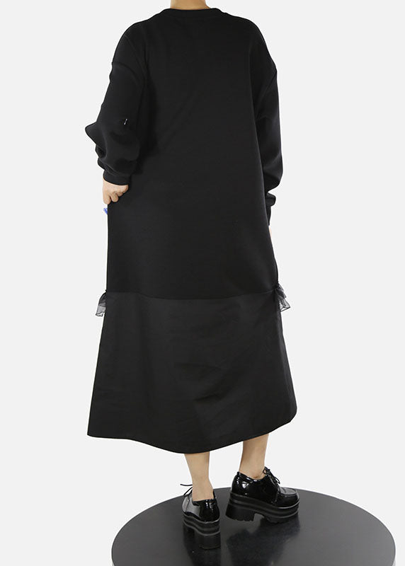 Kunst Schwarz O-Ausschnitt Rüschen Tüll Gestreiften Patchwork lange Kleider