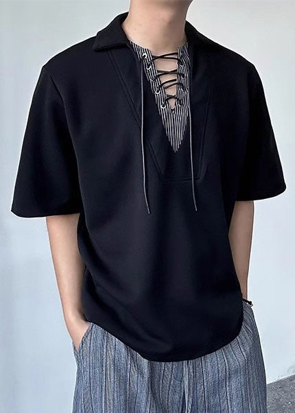 Art Black Peter Pan Collar Patchwork Cotton Shirt Summer