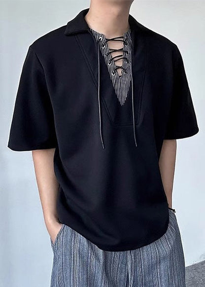 Art Black Peter Pan Collar Patchwork Cotton Shirt Summer