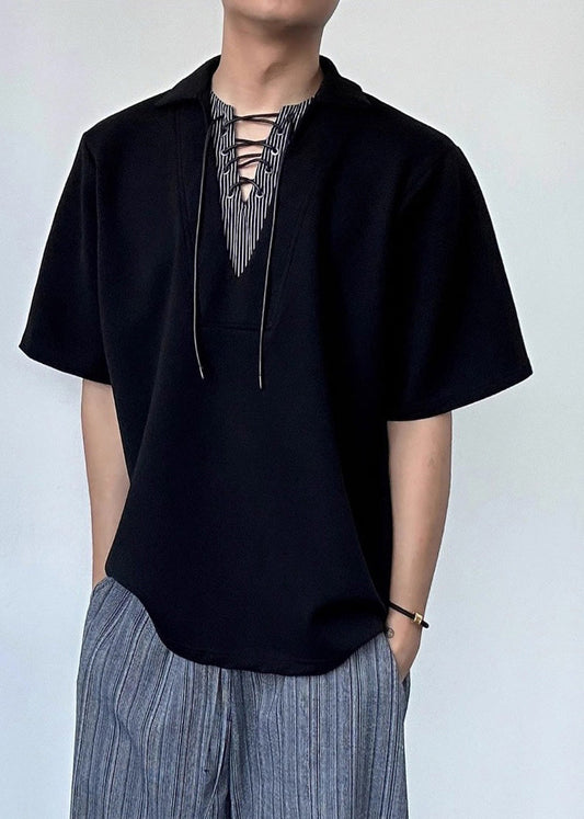 Art Black Peter Pan Collar Patchwork Cotton Shirt Summer